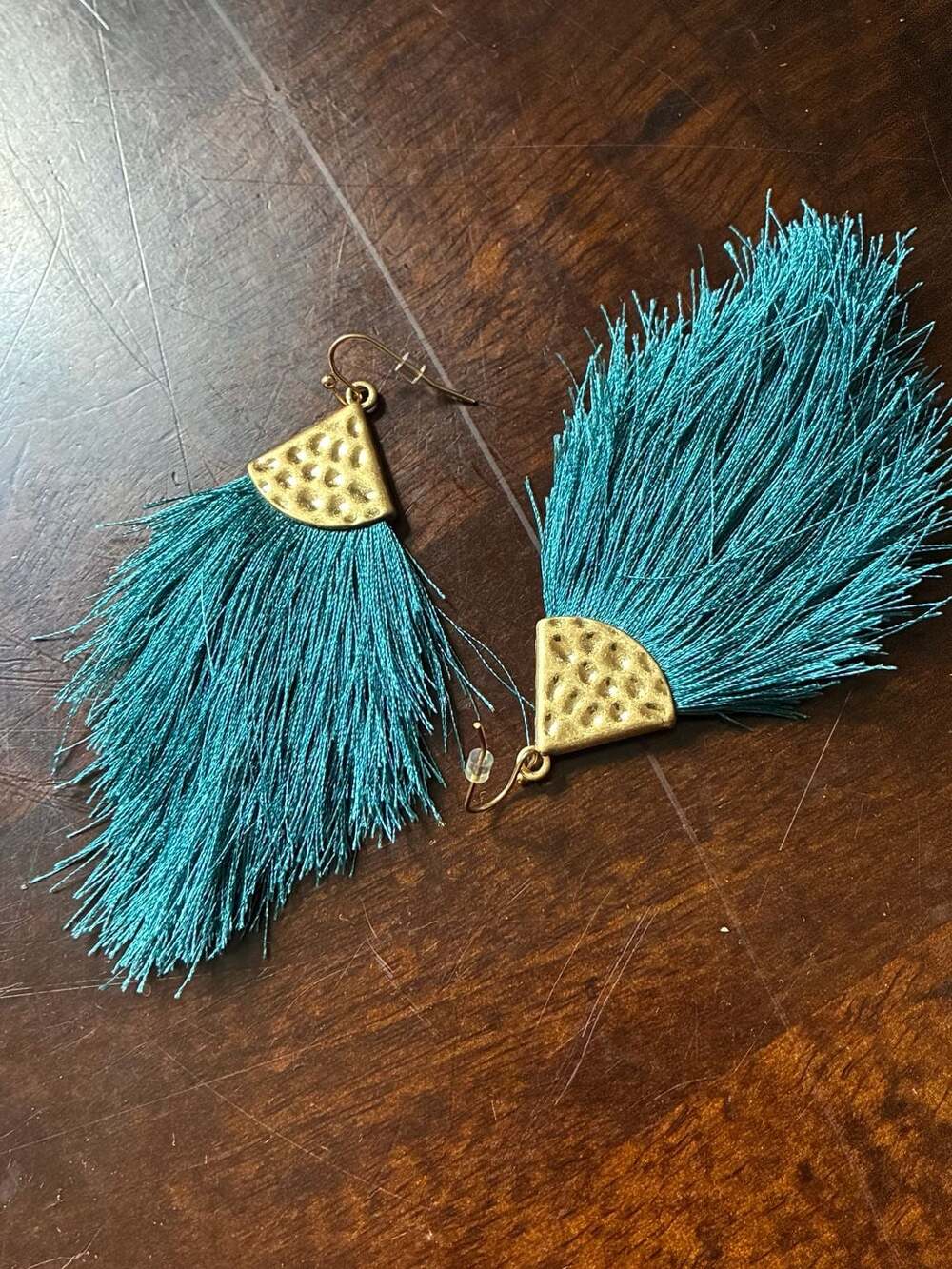 Hammered Gold-Tone Metal Fan Tassel Drop Earrings in Teal